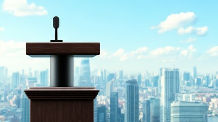 Fototapeta premium Sleek Intelligent Podium with City Skyline and Clear Blue Sky Background for Presentations