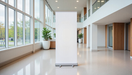 Minimalistic roll-up banner in modern office lobby with daylight illumination for advertising