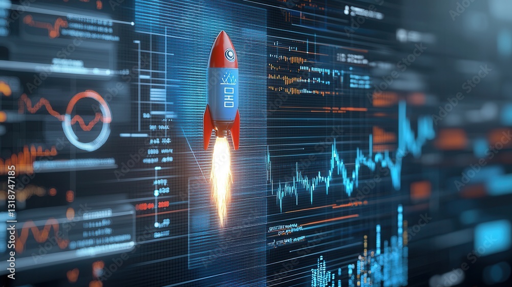 Poster futuristic digital rocket launch scene featuring advanced data visualization and analytics dashboard