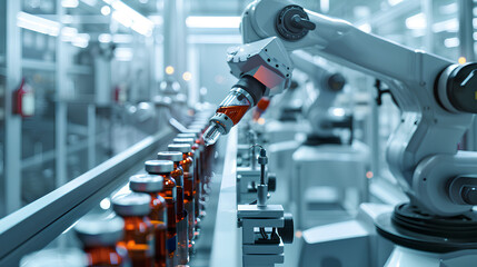 Robotic Arms Filling and Sealing Medicine Bottles in a Pharmaceutical Factory

