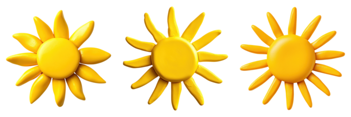 Three bright yellow sun shapes with varying rays on transparency background