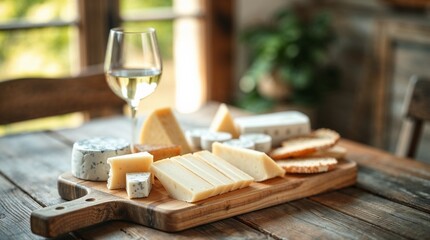 French Cheese and Wine Tasting – Elegant Cheese Platter with White Wine on Rustic Wooden Table for Gourmet Blogs and Culinary Inspiration