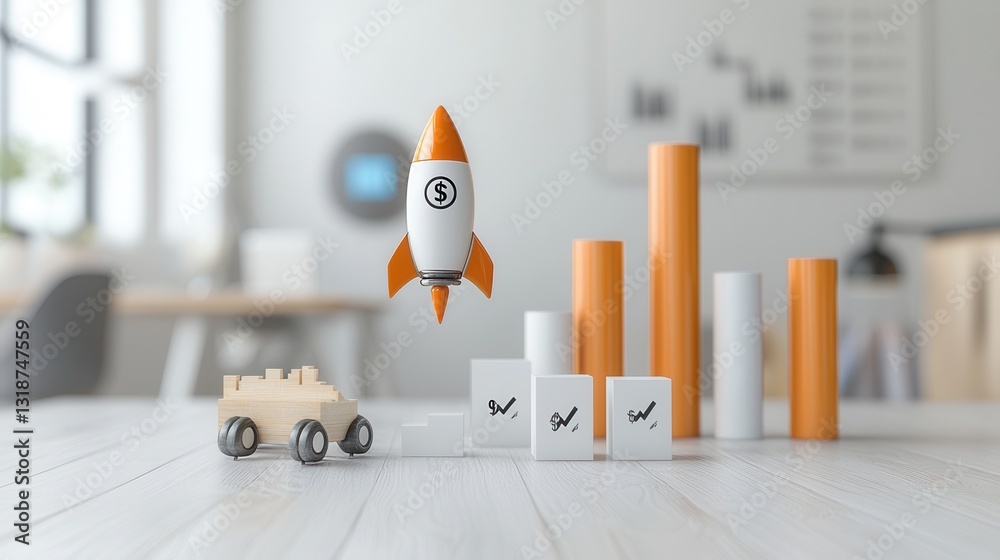 Poster futuristic financial success representation with a miniature rocket model and various data visualiza