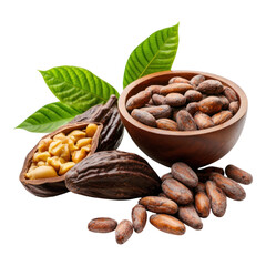 Cocoa beans and leaves with wooden bowl and open pod, showcasing natural ingredients