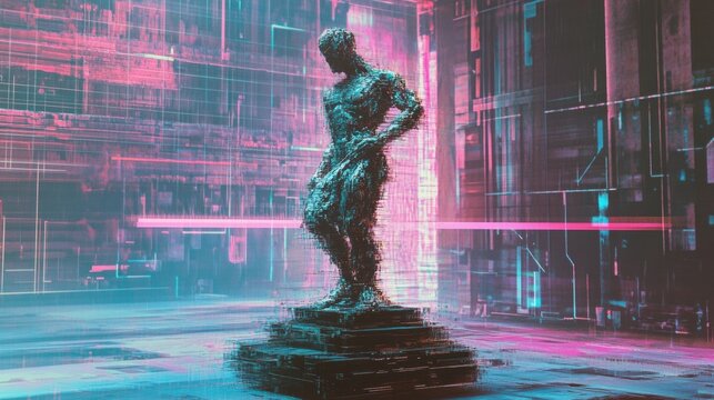 A digital art piece of a man in a classical pose, standing on a pedestal in a futuristic setting.