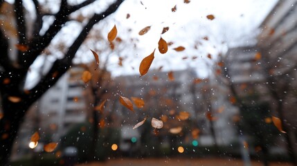 Autumn leaves swirling in the wind during a rainy day