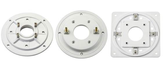 Three white circular mounting plates on a transparent background
