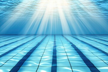 Obraz premium Underwater View of a Transparent Sports Arena Pool with Sunlight Rays and Tile Patterns