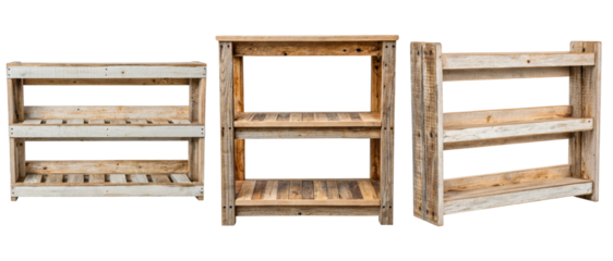 Three rustic wooden shelving units on a transparent background