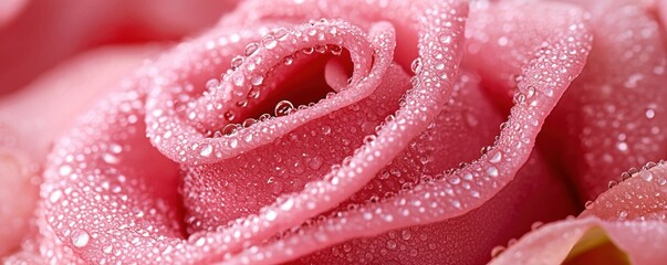 Experience the ethereal beauty of a pink rose adorned with glistening dewdrops Witness the delicate interplay of light and water, as dewdrops glistening on soft skin, reflecting freshness and grace