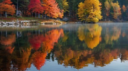 Obraz premium A lake with trees in the background and a reflection of the trees in the water