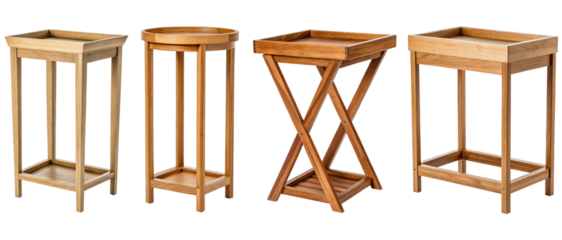 Four wooden side tables with trays on a transparent background
