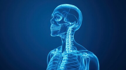Human male body X-ray 3D illustration, transparent skeletal system, futuristic science and medicine concept, blue background