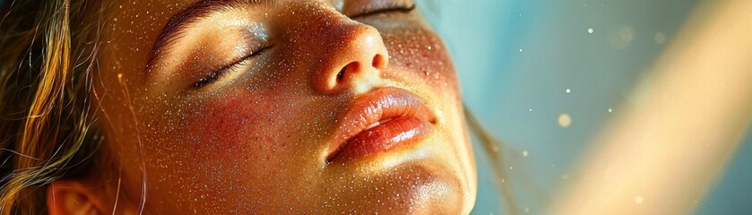 Experience serenity with this captivating image of a woman's face, bathed in warm, natural tones, showcasing a Peaceful expression on a face with natural tones, reflecting harmony and authenticity