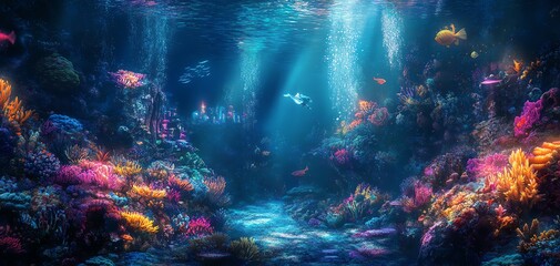 Obraz premium Surreal underwater landscapes glow with magical light, mythical beings explore vivid coral castles, captivating reflections dance