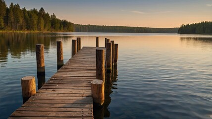 Obraz premium A wooden pier sits on a lake, with the water reflecting the sky