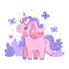 Vector illustration of a cute pastel unicorn with a flowing mane, surrounded by butterflies and flowers in a dreamy, magical, and whimsical setting.