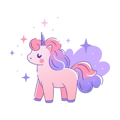 Vector illustration of a cute pastel unicorn with a flowing purple mane, surrounded by sparkles in a dreamy, magical, and whimsical theme.