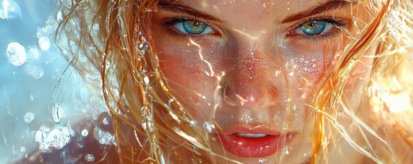 Experience ethereal beauty with this captivating image showcasing a wind-kissed face with soft, authentic joy and natural beauty The portrait highlights a womans stunning blue eyes and radiant skin