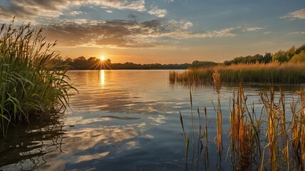 Fototapeta premium A lake with a sunset in the background