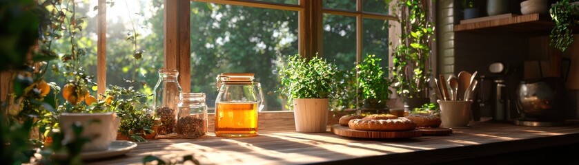 Experience cozy kitchen bliss with this rustic scene featuring warm lighting illuminating wooden elements and fresh baked goods Enjoy the simple pleasures of a comfortable, homey lifestyle, filled