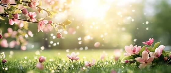 Fototapeta premium A beautiful field of pink flowers with a bright sun shining down on them