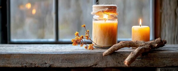 Experience a moment of tranquility with our captivating image featuring dried roots and beeswax candles, creating a calming and natural ambiance Embrace the warmth and rustic charm of this scene