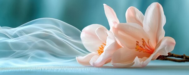 Experience authentic and fresh elegance with this stunning image, showcasing a soft expression framed by blooming flowers in delicate detail The gentle pastel hues create a serene and calming