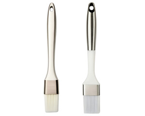 Two silicone basting brushes with metal handles on a transparent background