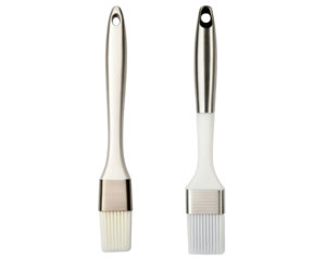 Two silicone basting brushes with metal handles on a transparent background