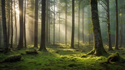 Fototapeta premium A forest with sunlight shining through the trees