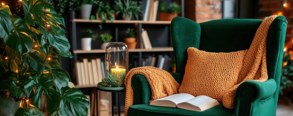 Escape into a world of serenity with this inviting cozy reading corner Featuring a vintage armchair, a soft knitted blanket draped invitingly, and towering bookshelves filled with literary treasures