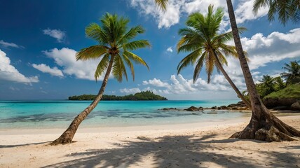 Fototapeta premium A beautiful beach with palm trees and a clear blue ocean