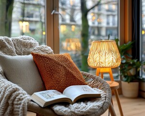 Escape into a world of warmth and tranquility with this cozy book-filled corner featuring a soft armchair and a glowing lamp creating an inviting ambiance for relaxation and a cozy lifestyle a