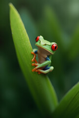 Obraz premium A little green frog with red eyes resting on a large leaf, surrounded by lush forest greenery and vibrant nature in the background.