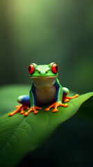 Naklejka premium A little green frog with red eyes resting on a large leaf, surrounded by lush forest greenery and vibrant nature in the background.