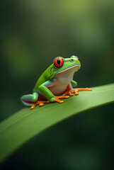 A little green frog with red eyes resting on a large leaf, surrounded by lush forest greenery and vibrant nature in the background.