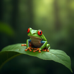 Naklejka premium A little green frog with red eyes resting on a large leaf, surrounded by lush forest greenery and vibrant nature in the background.