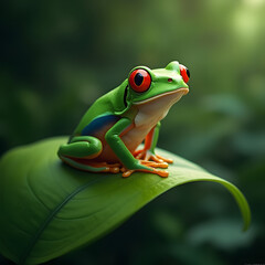 A little green frog with red eyes resting on a large leaf, surrounded by lush forest greenery and vibrant nature in the background.
