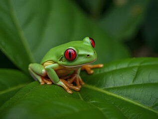 A little green frog with red eyes resting on a large leaf, surrounded by lush forest greenery and vibrant nature in the background.
