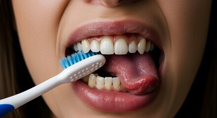 Fototapeta premium Close-up of a Woman Brushing her Teeth with a Toothbrush