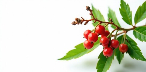 White background with isolated Abrus precatorius seed pods, white, gunja, foliage