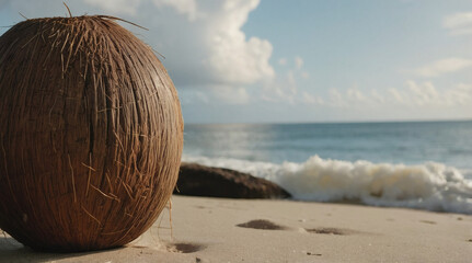 Natural coconut resting on sandy beach with gentle waves and fluffy clouds under bright sky, copy space