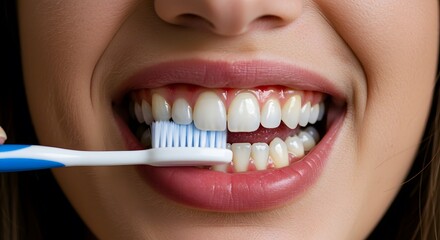 Close-up of a Woman Brushing her Teeth with a Toothbrush, Maintaining Oral Hygiene and Healthy Smile