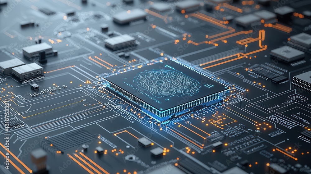 Poster high tech evolution representation featuring a futuristic circuit board and microchip design with in