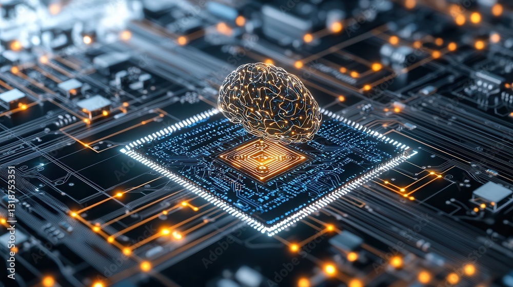 Poster futuristic high tech digital circuit board and intelligence representation featuring a complex neura