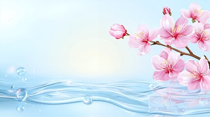 Pink Cherry Blossoms Over Blue Water