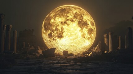A large, bright yellow moon shines over a ruined cityscape.