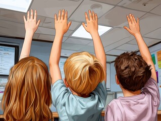 Engaging Classroom Scene Capture the Vibrant Energy of Children Raising Hands in an Interactive Learning Space, Illustrating Enthusiasm for Education This dynamic image showcases active