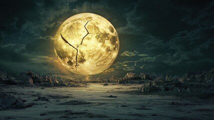 A large, bright yellow moon with a crack in it is shown over a desolate, rocky landscape.